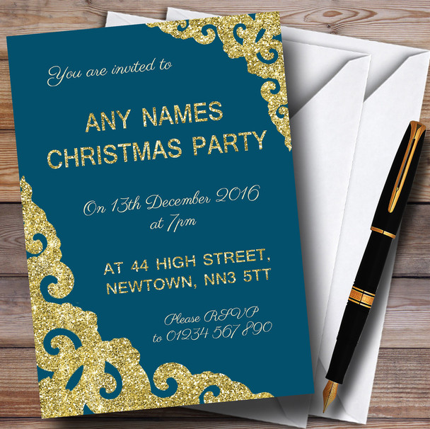 Deep Teal With Gold Border Personalised Christmas Party Invitations