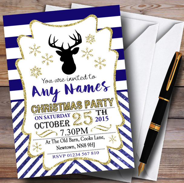 Gold & Dark Blue Chevrons Personalised Christmas Party Invitations