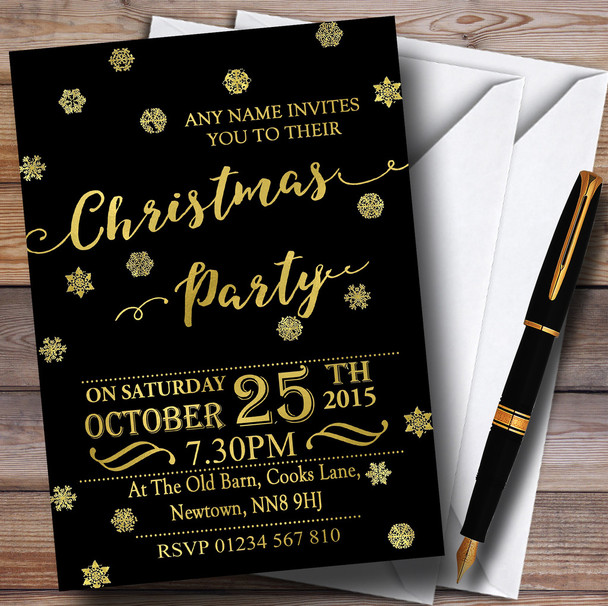 Golden Snowflakes & Black Personalised Christmas Party Invitations