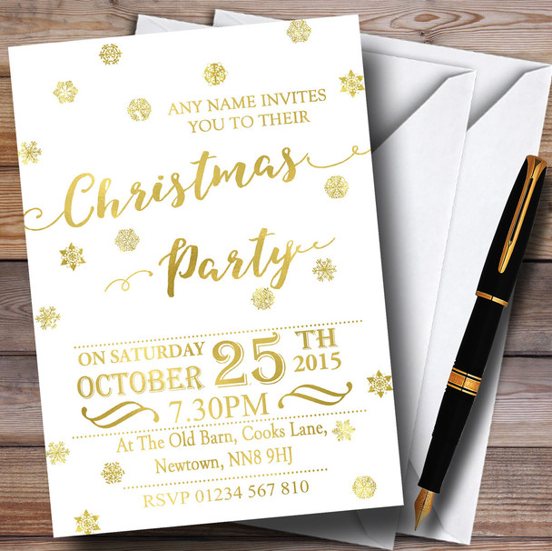 Golden Snowflakes & White Personalised Christmas Party Invitations