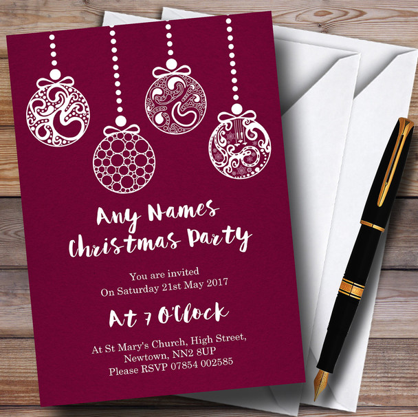 Purple Red Baubles Personalised Christmas Party Invitations
