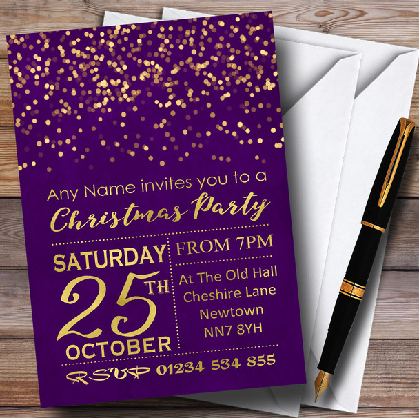 Purple With Gold Confetti Personalised Christmas Party Invitations