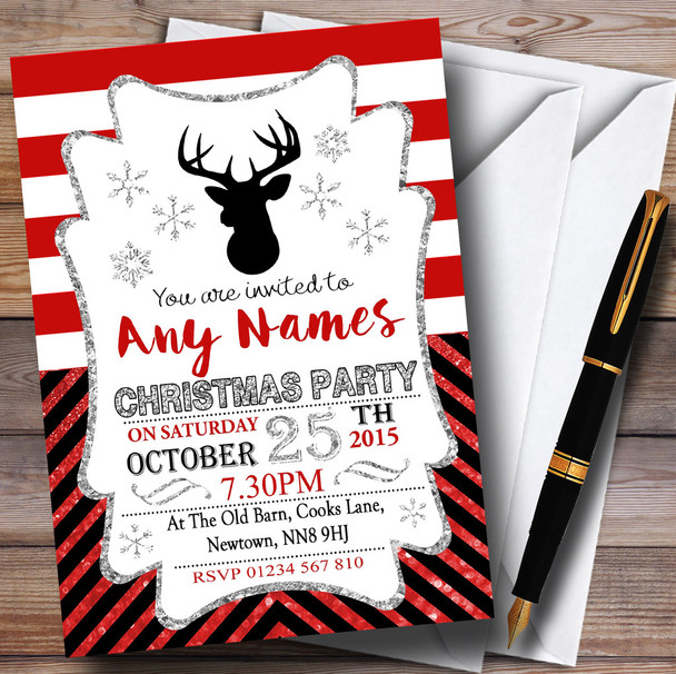 Red & Silver Chevrons Personalised Christmas Party Invitations