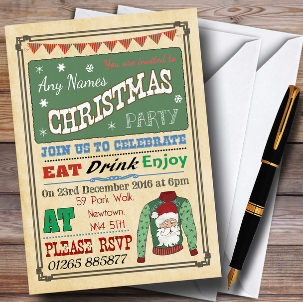 Vintage Green Christmas Jumper Personalised Christmas Party Invitations