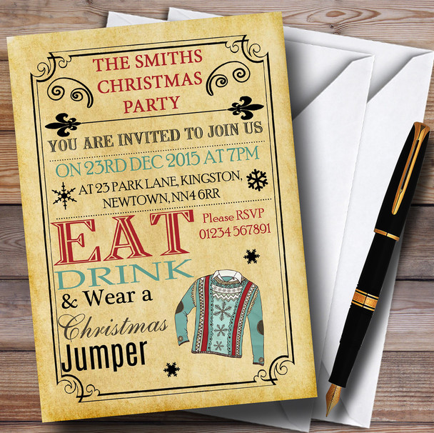 Vintage Style Christmas Jumper Personalised Christmas Party Invitations