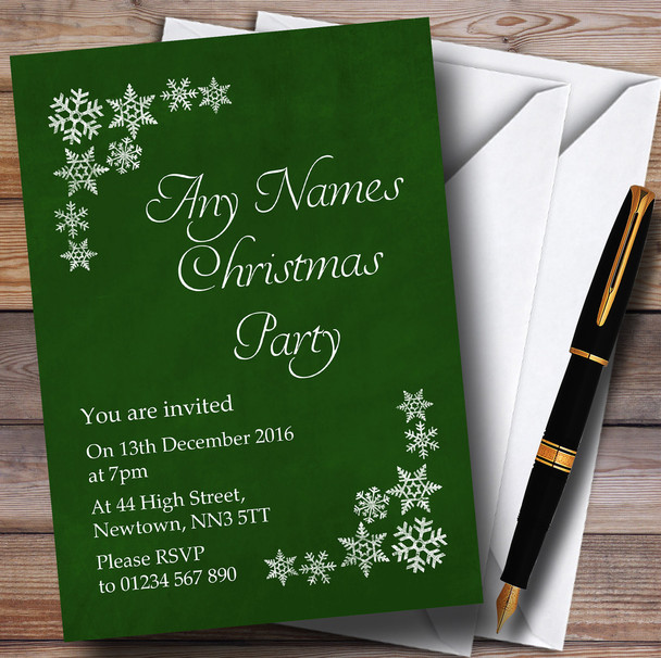 White Snowflake & Green Personalised Christmas Party Invitations