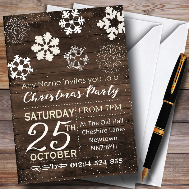 Wood Effect Snowflakes Personalised Christmas Party Invitations