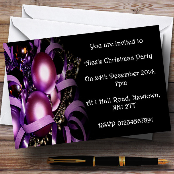 Purple Baubles Personalised Christmas Party Invitations