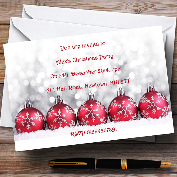 Red Baubles Personalised Christmas Party Invitations