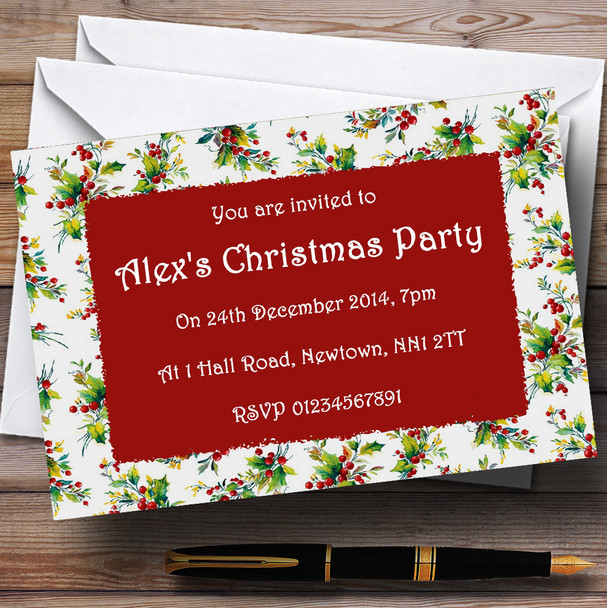 Vintage Holly Personalised Christmas Party Invitations