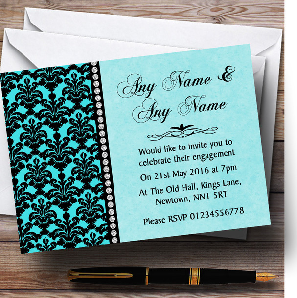 Aqua Sky Blue Black Damask & Diamond Personalised Engagement Party Invitations