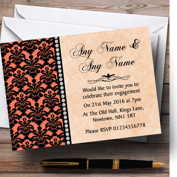 Coral Black Damask & Diamond Personalised Engagement Party Invitations