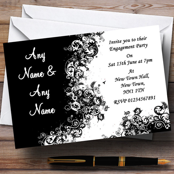 Black White Swirls Engagement Party Personalised Invitations