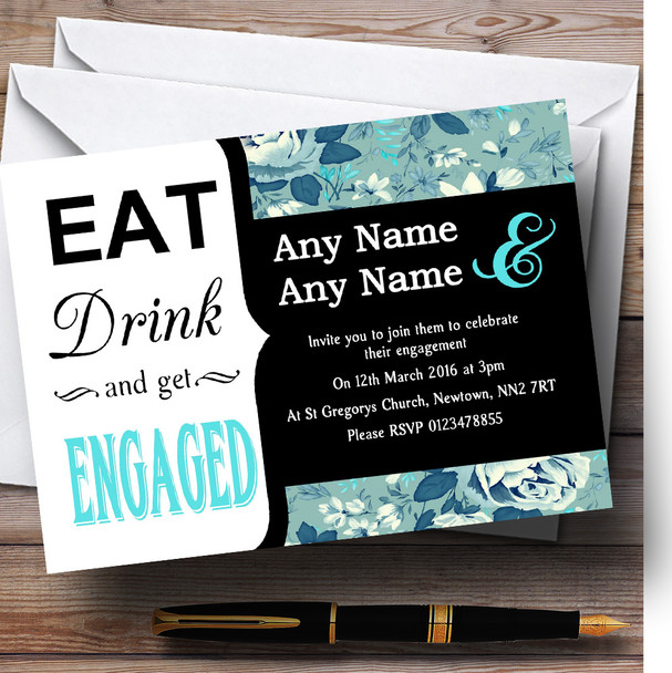 Blue Shabby Chic Vintage Floral Eat Drink Personalised Engagement Party Invitations
