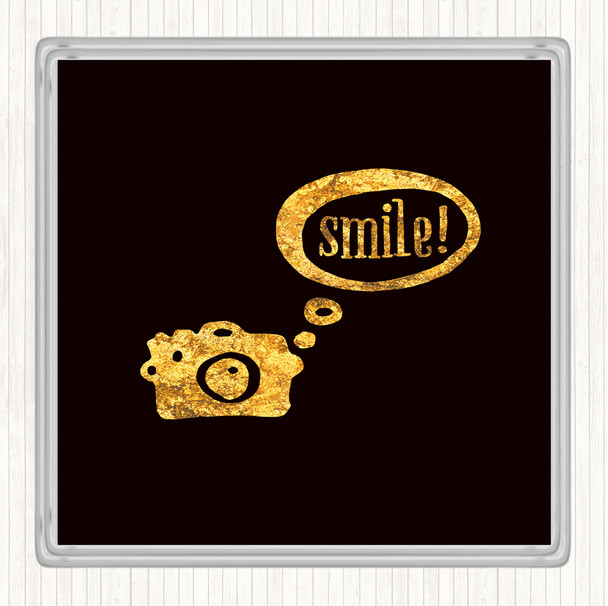 Black Gold Smile Camera Quote Drinks Mat Coaster