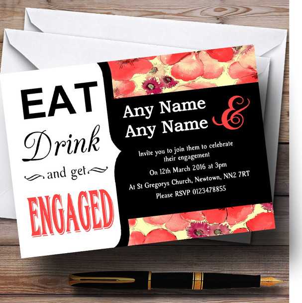 Coral Floral Vintage Shabby Chic Eat Drink Personalised Engagement Party Invitations