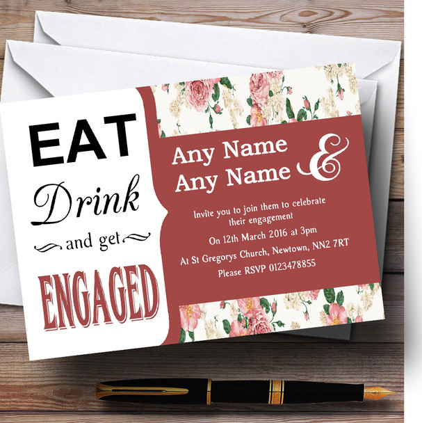 Coral Red Vintage Eat Drink Personalised Engagement Party Invitations