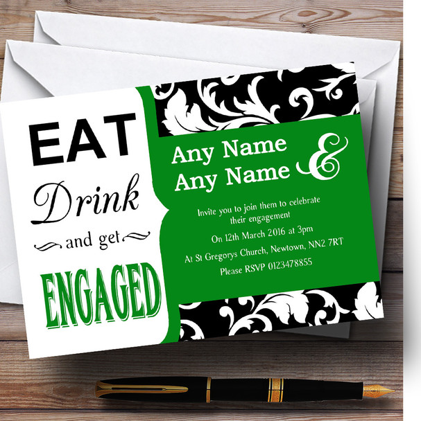Green Damask Vintage Eat Drink Personalised Engagement Party Invitations