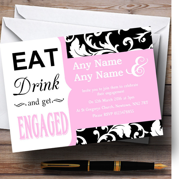 Pastel Pal Pink Vintage Damask Eat Drink Personalised Engagement Party Invitations