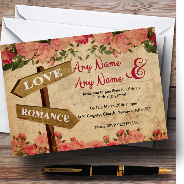 Rustic Pink Roses Signpost Shabby Chic Vintage Personalised Engagement Party Invitations