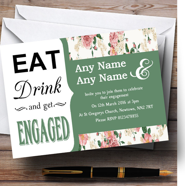 Sage Green Pink Vintage Floral Eat Drink Personalised Engagement Party Invitations