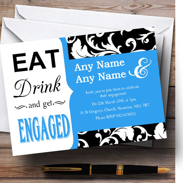 Sky Blue Vintage Damask Eat Drink Personalised Engagement Party Invitations