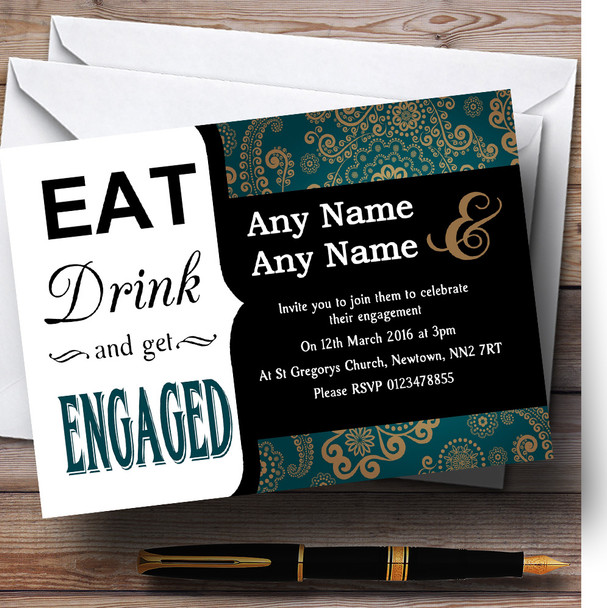 Turquoise And Gold Vintage Eat Drink Personalised Engagement Party Invitations