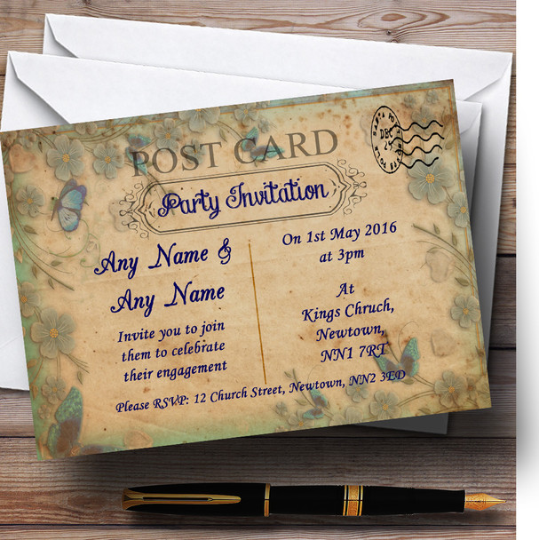 Blue Floral Vintage Shabby Chic Postcard Personalised Engagement Party Invitations