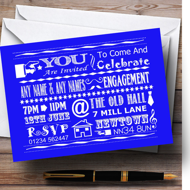 Cool Vintage Fun Chalk Typography Royal Blue Personalised Engagement Party Invitations