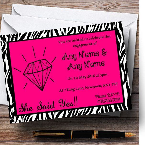 Pink Diamond Zebra Print Personalised Engagement Party Invitations