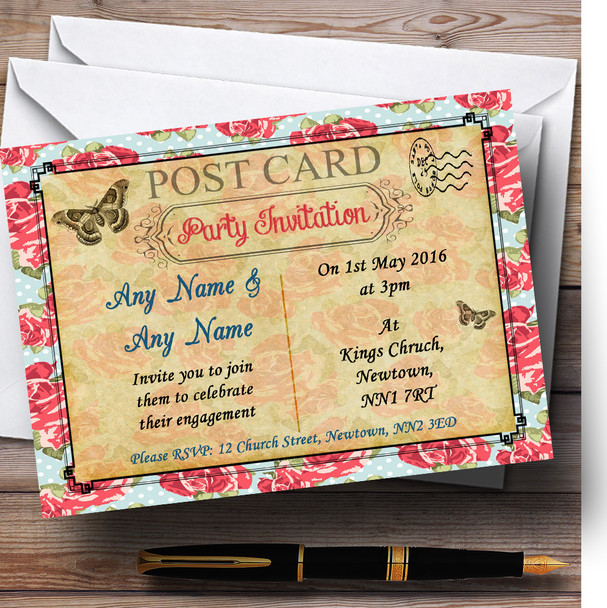 Pink Floral Vintage Paris Shabby Chic Postcard Personalised Engagement Party Invitations