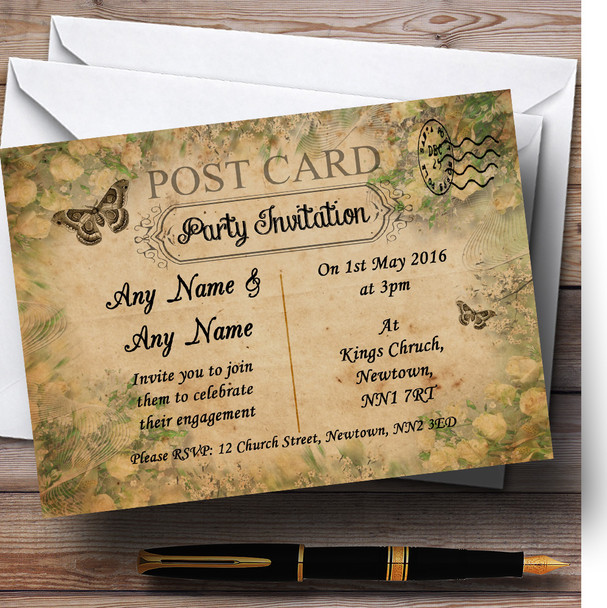 White Roses Vintage Shabby Chic Postcard Personalised Engagement Party Invitations