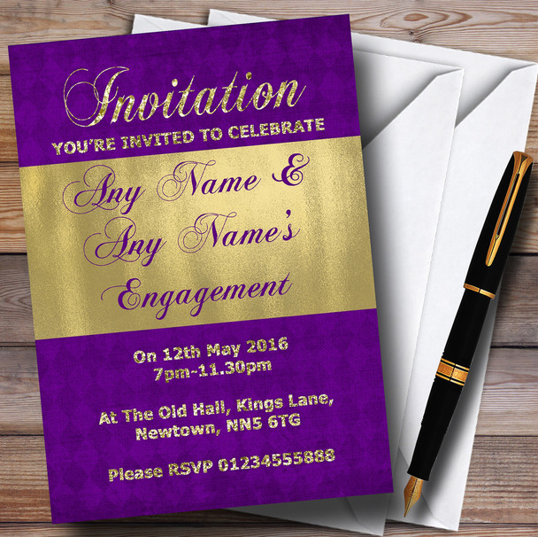 Purple And Glitter Look Gold Engagement Party Personalised Invitations