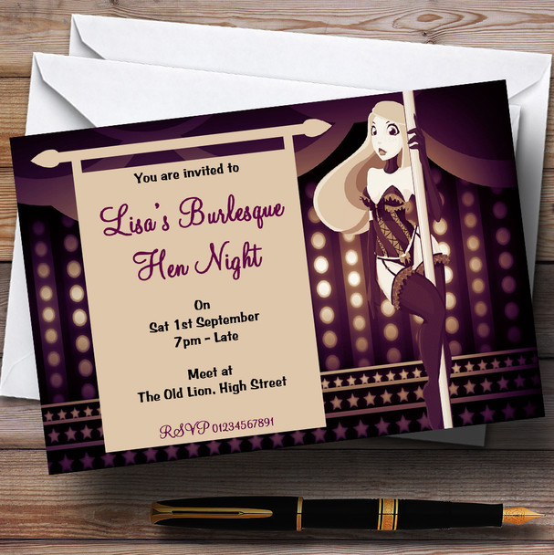 Purple Sexy Burlesque Dancer Personalised Hen Do Night Party Invitations