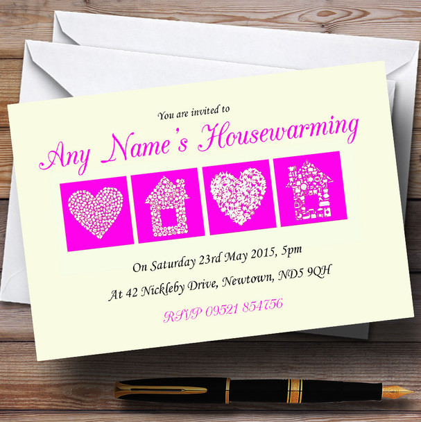 Pale Yellow And Magenta Housewarming Party Personalised Invitations