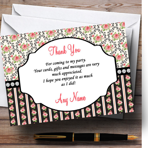 Black And Pink Shabby Chic Rose Tea Stripes Personalised Party Thank You Cards