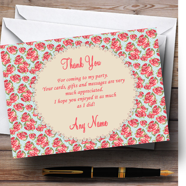 Blue And Coral Pink Floral Shabby Chic Chintz Personalised Party Thank You Cards