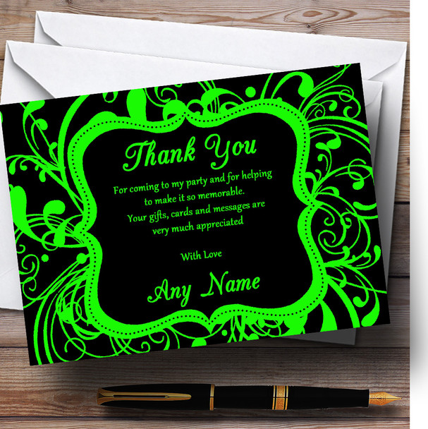 Black & Green Swirl Deco Personalised Birthday Party Thank You Cards