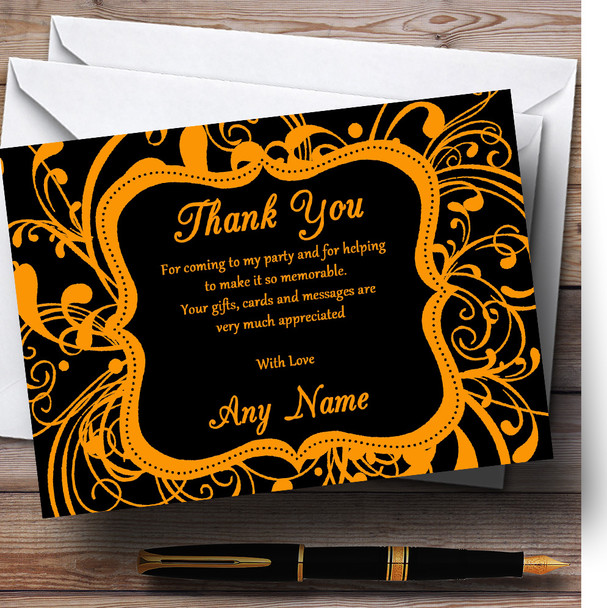 Black & Orange Swirl Deco Personalised Birthday Party Thank You Cards