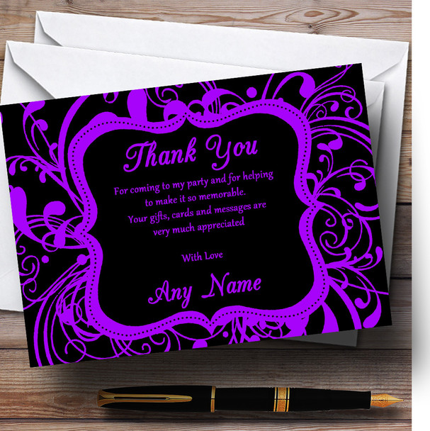 Black & Purple Swirl Deco Personalised Birthday Party Thank You Cards