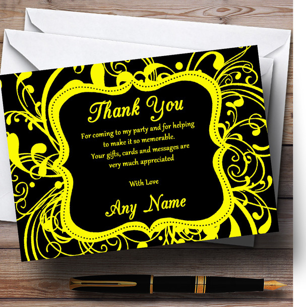 Black & Yellow Swirl Deco Personalised Birthday Party Thank You Cards