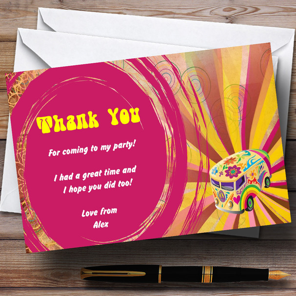 Retro Hippie Hippy Pink Yellow Personalised Party Thank You Cards