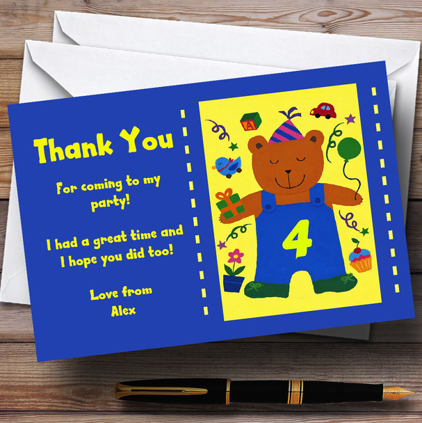 Blue Yellow Teddy Any Age Children's Personalised Party Thank You Cards