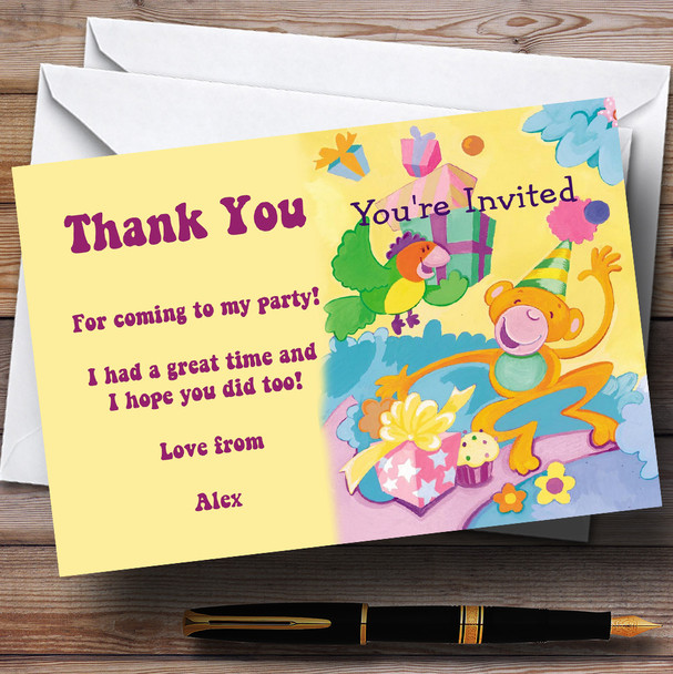 Yellow Purple Cheeky Monkey Children's Personalised Party Thank You Cards