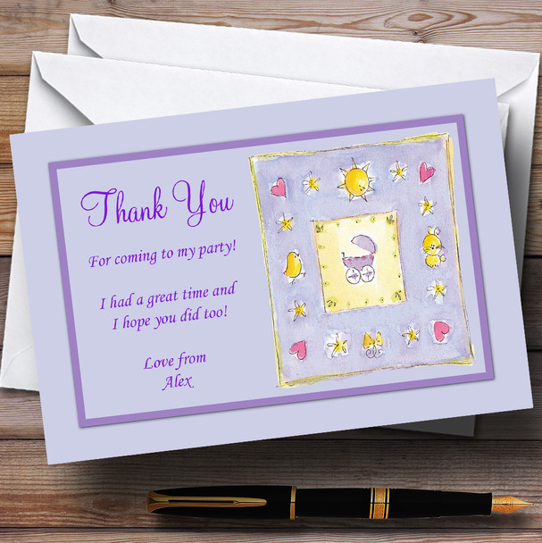 Lilac Purple Cute Baby Children's Personalised Party Thank You Cards