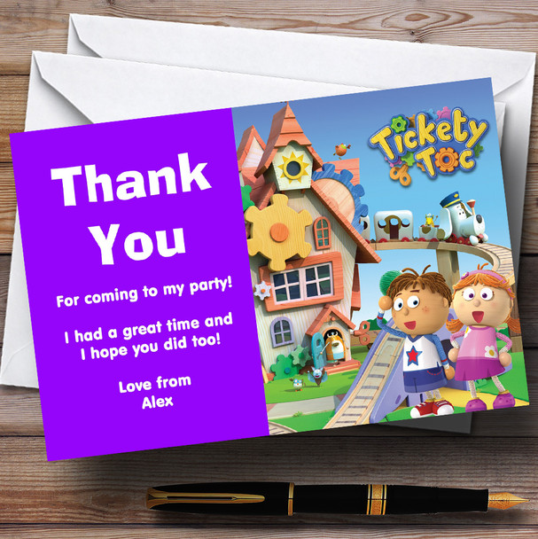 Tickety Toc Purple Personalised Children's Birthday Party Thank You Cards