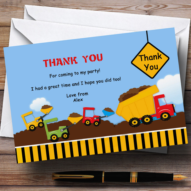Construction Digger Personalised Birthday Party Thank You Cards