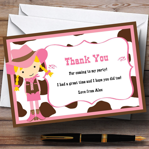 Pink Cowgirl And Cowboy Personalised Birthday Party Thank You Cards