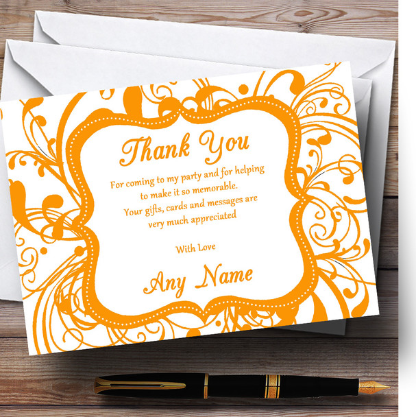White & Orange Swirl Deco Personalised Birthday Party Thank You Cards