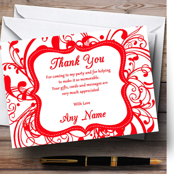 White & Red Swirl Deco Personalised Birthday Party Thank You Cards